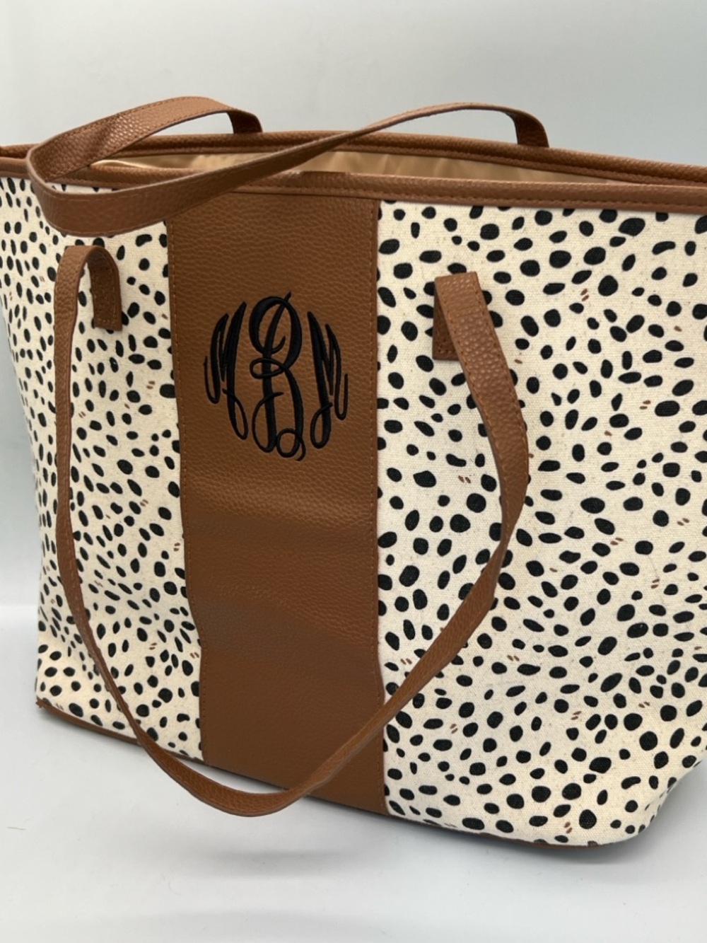 Monogrammed Marleylilly Tan and Black Spotted Canvas Tote - Picture 2 of 7